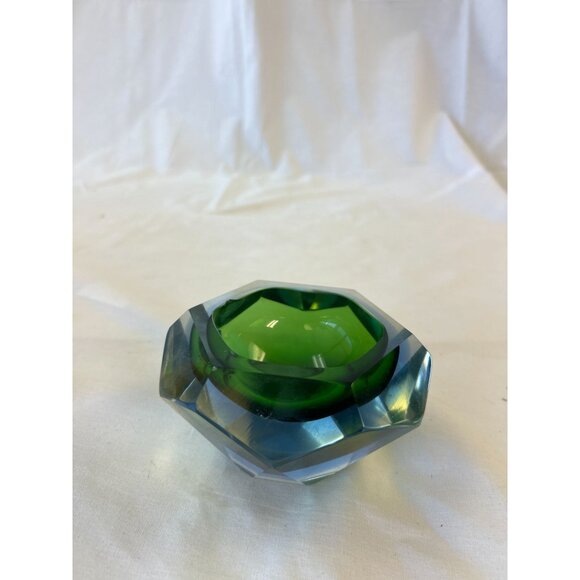 Vintage Green & Blue Murano Art Glass Ashtray Dish - Faceted Crystal Design - Picture 1 of 2